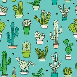 seamless hand drawn doodle illustration cacti background pattern in vector