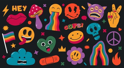 cartoon abstract groovy comic funny emoji characters. cute comic doodle stickers, trendy retro elements vector illustration set. hallucination weird shapes. psychedelic sticker, surreal cartoon