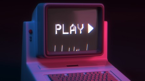 retro style personal computer or pc on black background. play sign on display, monitor. noise, distortions, glitch digital effects. purple, blue color light. retro wave. vintage 3d render illustration