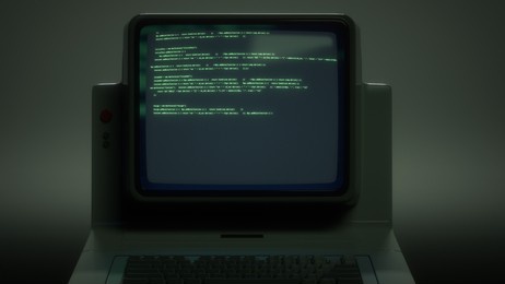 retro personal computer, pc with source code displayed on monitor. digital noise, distortions, glitch effects, artifacts. vintage display, screen. dark green colors. 3d render illustration