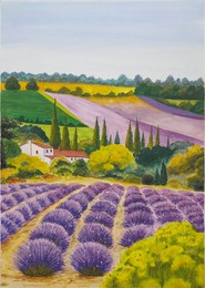 hand drawn watercolor painting of  scienic lavender farms.landscape painting with lavender fields,house,sky,trees, plantation for illustration, print, background, etc