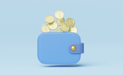 gold coin falling into wallet floating on blue background. mobile banking and online payment service. save dollar coin in pig money box. saving money wealth and business financial concept. 3d render.