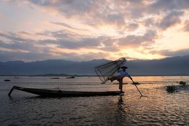 silhouette of local fisherman using coop to catching in inle lake at sunrise