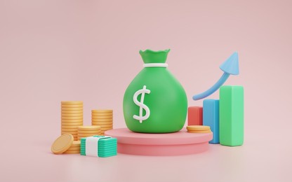 concept. doing business online, trading, stocks, forex, crypto. spending. 1 green bag of money. the chart is an uptrend with lots of coins. with copy space. pink background. 3d render 3d illustrations