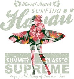 floral hawaii surfing, vector artwork for girl summer t shirt, grunge effect in separate layer