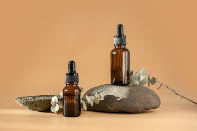 glass dropper bottles with cosmetic oil, essential or serum and green moss isolated on stone stand on pastel background with branch eucalyptus herbal homeopathic products natural organic spa cosmetics