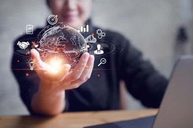 woman hand holding virtual global internet connection metaverse. business global internet connection application technology and digital marketing, financial and banking, digital link tech, big data.