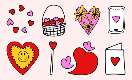 set of vector stickers crazy valentines day.phone, card, flowers, hearts in the style of psychedelic hippies. groovy funky stickers for social media stories. hand drawn 80s.postcard elements