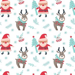 christmas seamless pattern with deer, santa claus, tree, branch, snowflakes isolated on white background. vector flat illustration. design for backdrop, wrapping, wallpaper, textile, packaging