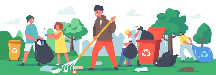 children characters cleaning garden, garbage recycling concept. ecology protection, social charity volunteers cleaning city park. volunteering kids collecting trash. cartoon people vector illustration