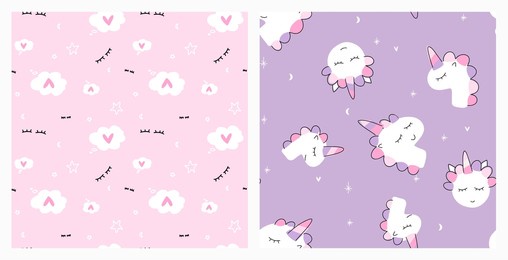 cute sleeping unicorn and love think bubble repeat background. non directional seamless pattern set in pastel purple and pink colours for the girl's pajama, bedding textile or fabric.