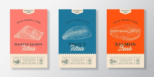 fish abstract vector packaging labels design set. modern typography banner, hand drawn salmon and trout fish fillets sketch silhouettes. color paper background layouts collection. isolated.