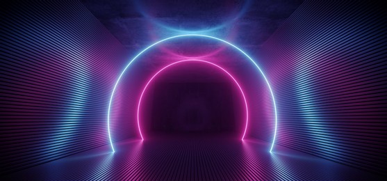 neon sci fi futuristic alien spaceship modern vibrant purple blue oval circle glowing laser beams hallway corridor retro  dark empty podium club party 3d rendering illustration