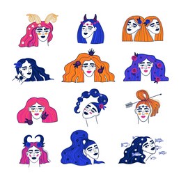 colorful set with astrological signs. zodiac funky girl portraits isolated on a white. vector illustration, tattoo or sticker.