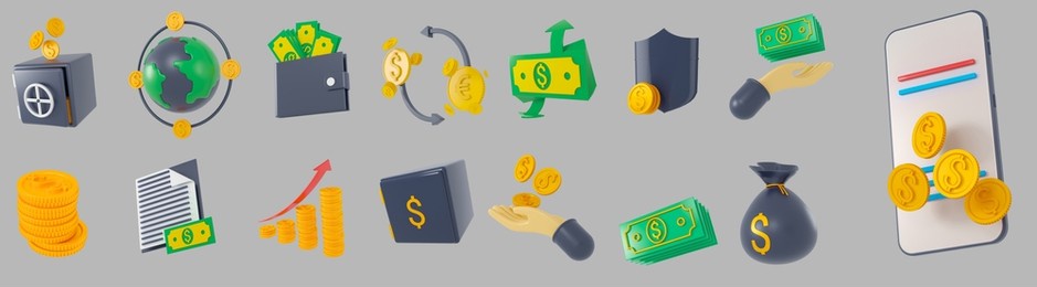 simple set of 3d icons related to money. contains icons such as wallet, atm, money bag, hand with a coin, and more. 3d illustration