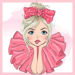 hand drawn beautiful cute cartoon fashion girl with bow. vector illustration.