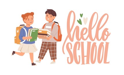 happy elementary children with books and bags. hello school lettering and smiling girl and boy, first graders. couple of junior pupil. colored flat vector illustration isolated on white background.