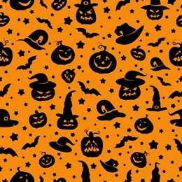 halloween symbols on orange background. seamless pattern. 