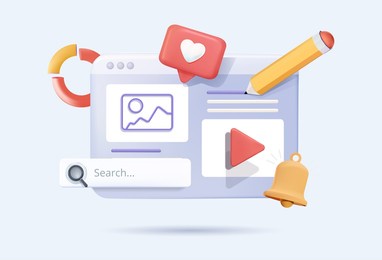 digital screen 3d illustration, video player, gallery, development, seo analysis concept with floating elements. development banner design with 3d rendering illustration. creative smm, ui