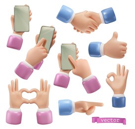 hands with a mobile phone, handshake, heart sign, okay, thumb up, pointer gestures. 3d cartoon vector icon set
