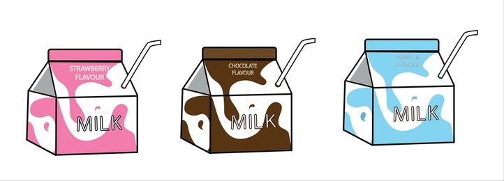 milk carton strawberry vanilla chocolate flavor vector