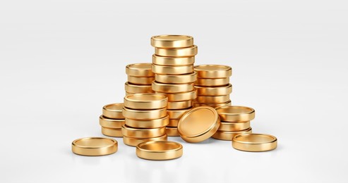 stack of gold coin currency market financial or investment money banking treasure wealth cash and golden dollar pile isolated on white economy background with business earnings profit sign. 3d render.