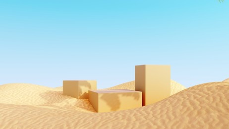abstract, architectural structure,  showcase on pastel background with shadows, stones, beach sand and cactus. mock up for the exhibitions, presentation of products, therapy, relaxation - 3d render.