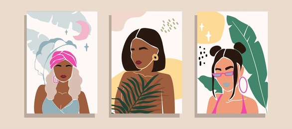 set of women, different shapes and palm leaves. abstract female portraits. minimalism trend, flat design