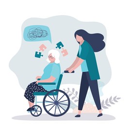 volunteer helps grandmother with parkinson's. nurse supports people with senile dementia. older woman thoughts confused and forgotten. patient suffers from alzheimer's disease. vector illustration