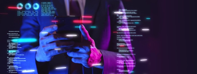 business man hand typing on mobile phone futuristic interface data analytic graph chart background, finance online network communication digital world metaverse technology