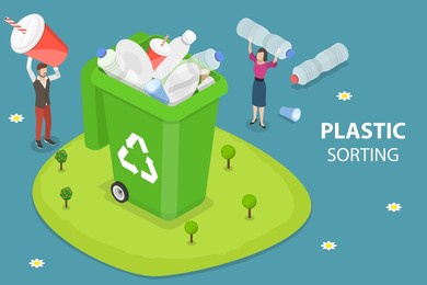 3d isometric flat vector conceptual illustration of plastic garbage collecting, waste segregation and garbage management
