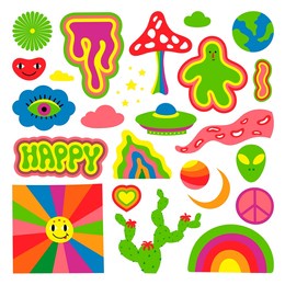 hippie cartoon elements. 60s 70s psychedelic objects, clothes trippy sticker. retro mushroom, rainbow groovy lifestyle. abstract art swanky vector set