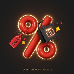 black friday. christmas sale. new year discounts. realistic 3d objects design, red big percentage sign. dark shopping bag. fashion stylish trendy background. valentine's day. vector illustration
