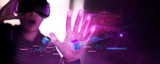 metaverse and blockchain technology concepts. person enjoying an experiences of metaverse virtual world. futuristic tone