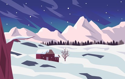 beautiful scenery of nature landscape in winter with snow, forest, mountains, and cabin. banner background vector illustration