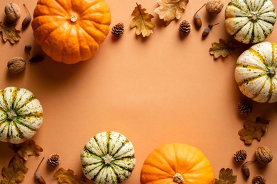 frame of ripe pumpkins, dry oak leaves, acorns, pine cones on orange background. thanksgiving day banner mockup.