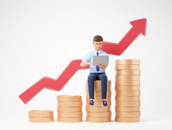 cartoon businessman with laptop and seats on coins stack over white background with red up arrow. stock market trading concept. 3d render illustration.