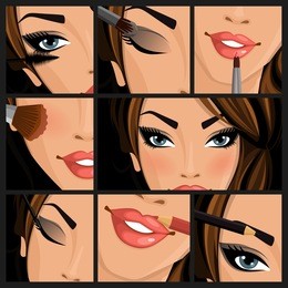 make-up beauty woman set of lips eyes face on black background vector illustration