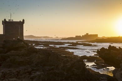 essaouira, fortress of castelo real of mogador at sunset, morocco. unesco world heritage site.