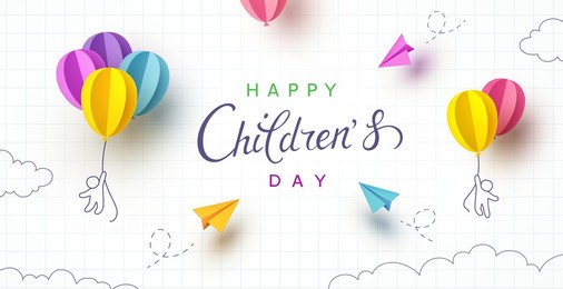 children's day with flying colorful 3d paper balloons and airplanes on school notebook background. vector doodle cartoon kids, planes, ballons poster template