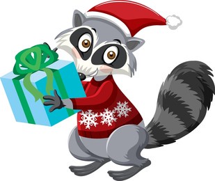 cute raccoon wearing christmas hat cartoon character illustration