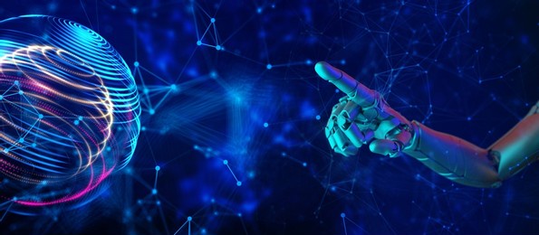 metaverse digital smart world,3d robot hand in augmented reality and virtual reality digital cyber space environments, online games, social media, internet online beyond universe. 