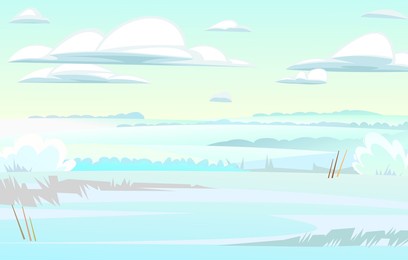 winter glade. rural landscape with cold white snow and drifts. beautiful frosty view of countryside hilly plain. flat design cartoon style. vector.