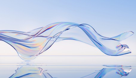 3d render abstract background in nature landscape. transparent glossy glass ribbon on water. holographic curved wave in motion. iridescent design element for banner background, wallpaper.