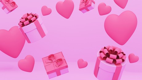 valentine's day sale pink background. composition with gift boxs and hearts. 3d render