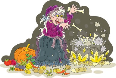angry old witch whispering her spells and cooking a tasty soup with bones, vegetables and spices in her large cauldron, vector cartoon illustration isolated on white