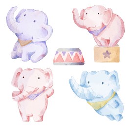 vector illustration watercolor set of adorable elephant for your design. various of elephant gesture and color