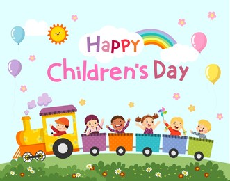 happy children’s day vector background with happy kids on the train.