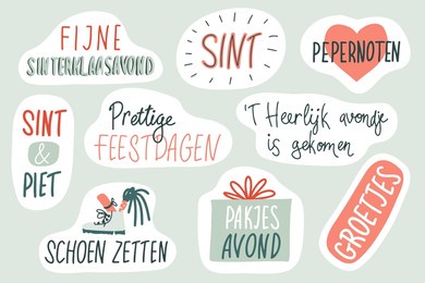 sinterklaas lettering sticker set vector. patches, badges, prints for kids with dutch quotes, doodles. pepernoten, piet, gift evening, greetings, happy holidays. flat style illustrations