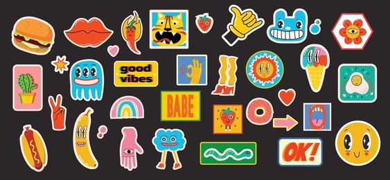 hand drawn vector illustrations of set of various patches, pins, stamps or stickers with abstract funny cute comic characters.